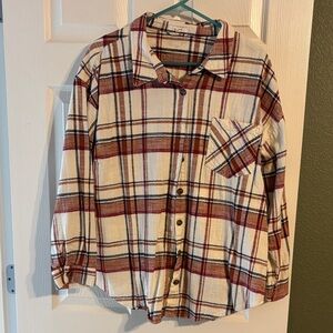 Maurices Women's Plaid Flannel Button Down Shirt - Red and Cream